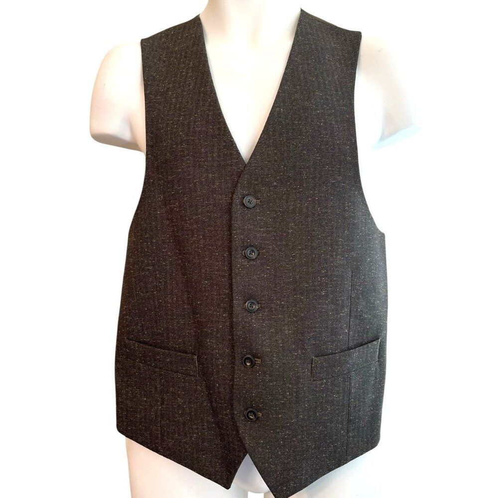 Mens Medium Dark Brown Button Front Vest Speckled Flecked Pockets Satin Lined